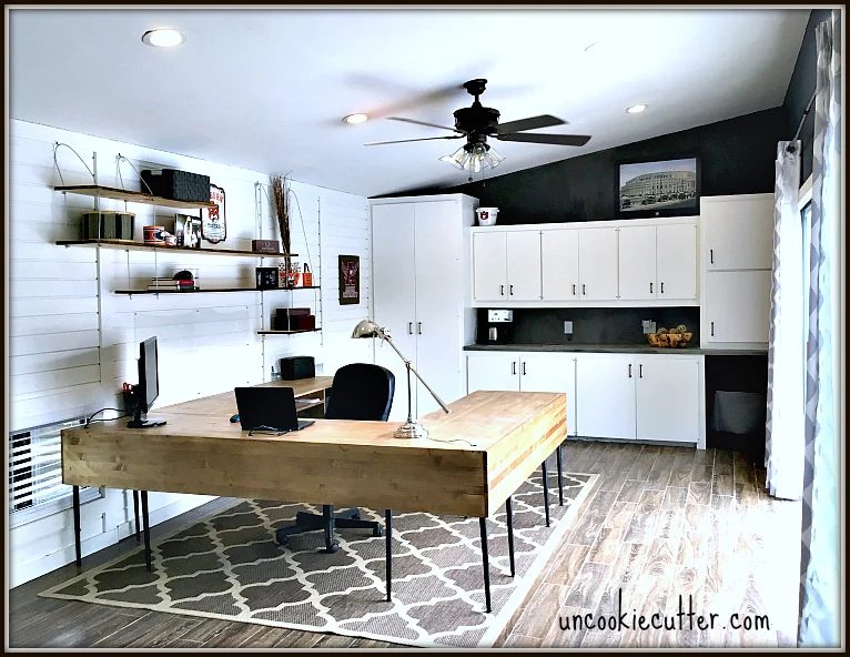 home office makeover with shiplap walls, open shelving, and a Handmade U-shaped desk, Uncookie Cutter