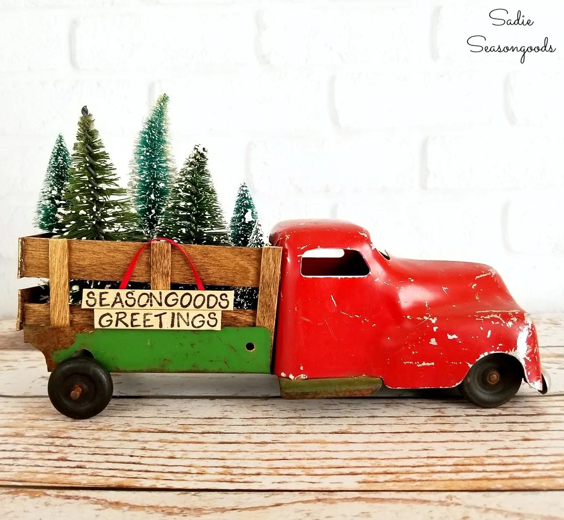 Vintage Toy Truck With Handmade Popsicle Stick Bed Rails To Repurpose Upcycle As Christmas Tree Delivery Truck By Sadie Seasongoods