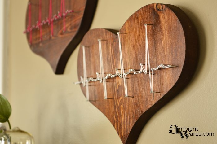 Finished Wooden Heart Wall Hangings With Heartbeat String Art Www.ambientwares.com