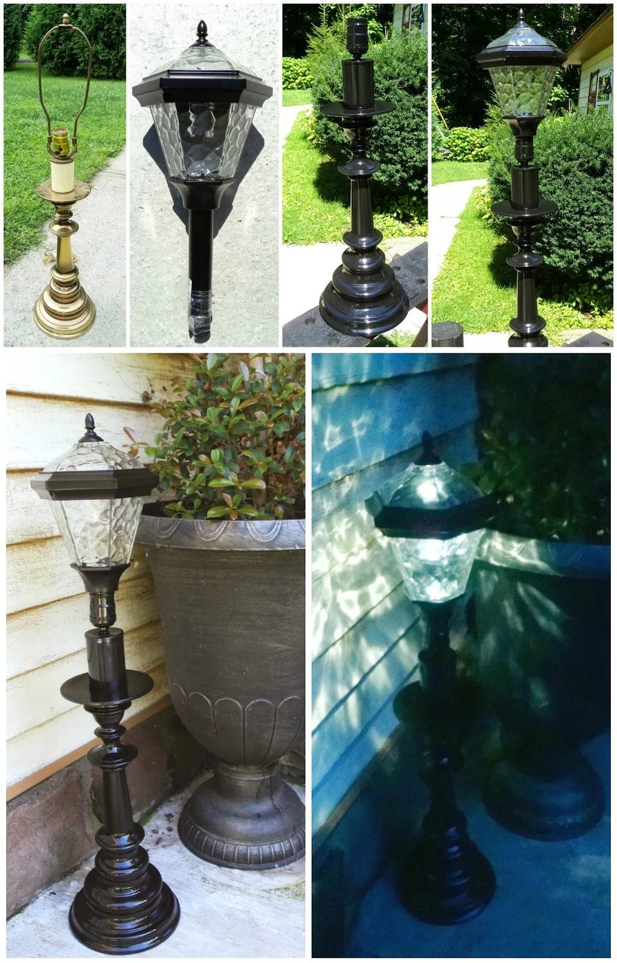 Handmade solar lamp, just use an inexpensive solar stake light and an old lamp base, put them together, and tada! A great weighted outdoor solar lamp. Redo It Yourself Interiors