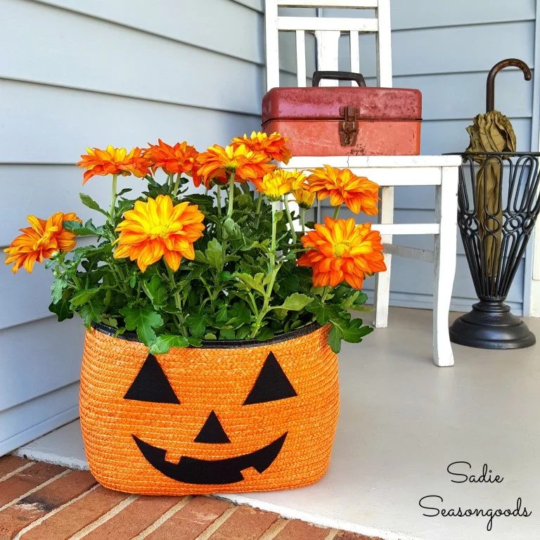 Orange Straw Tote Turned Pumpkin Planter Sadie Seasongoods