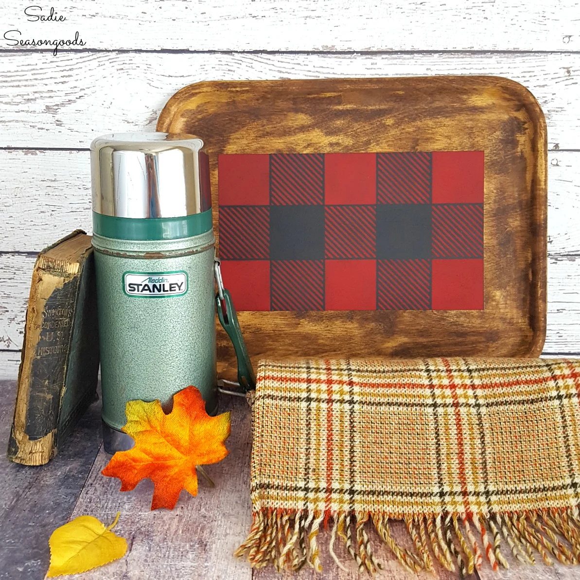 Repurposed Wood Tray As Handmade Cabin Style Autumn Fall Decor With Funky Junk Old Sign Buffalo Check Stencil By Sadie Seasongoods