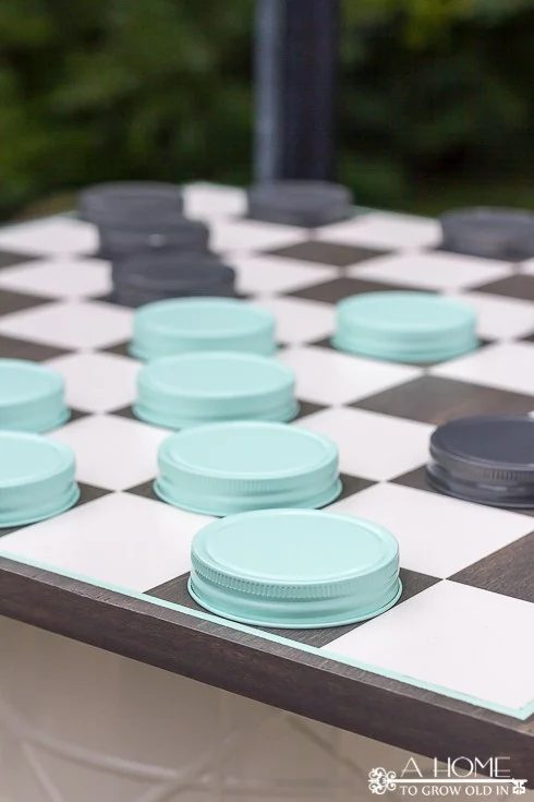 handmade oversized checkerboard using mason jar lids as game pieces, A Home to Grow Old In