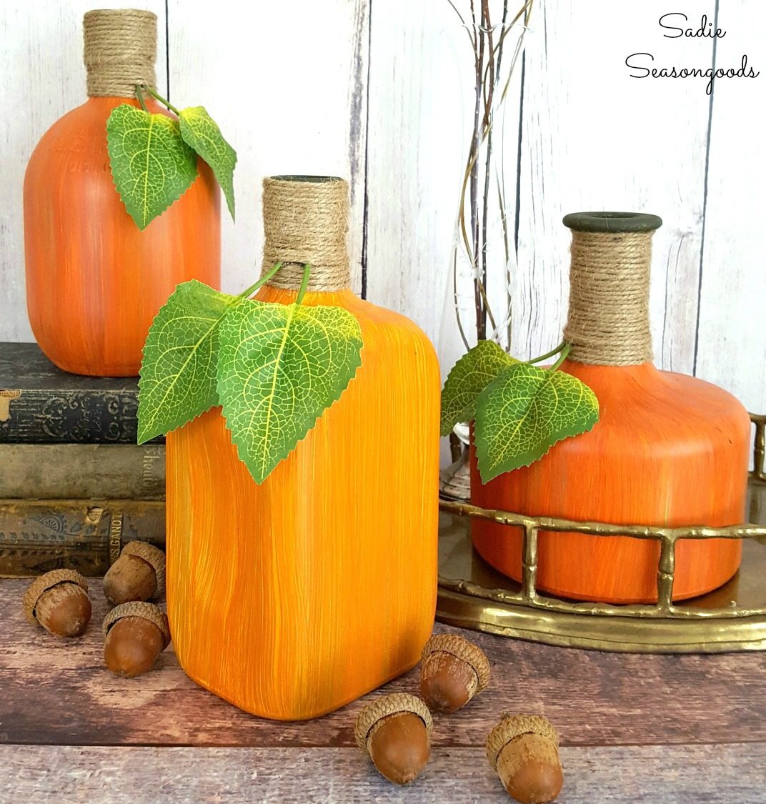 Repurposed Bourbon And Whiskey Glass Liquor Bottles Into Upcycled Handmade Pumpkins And Gourds By Sadie Seasongoods