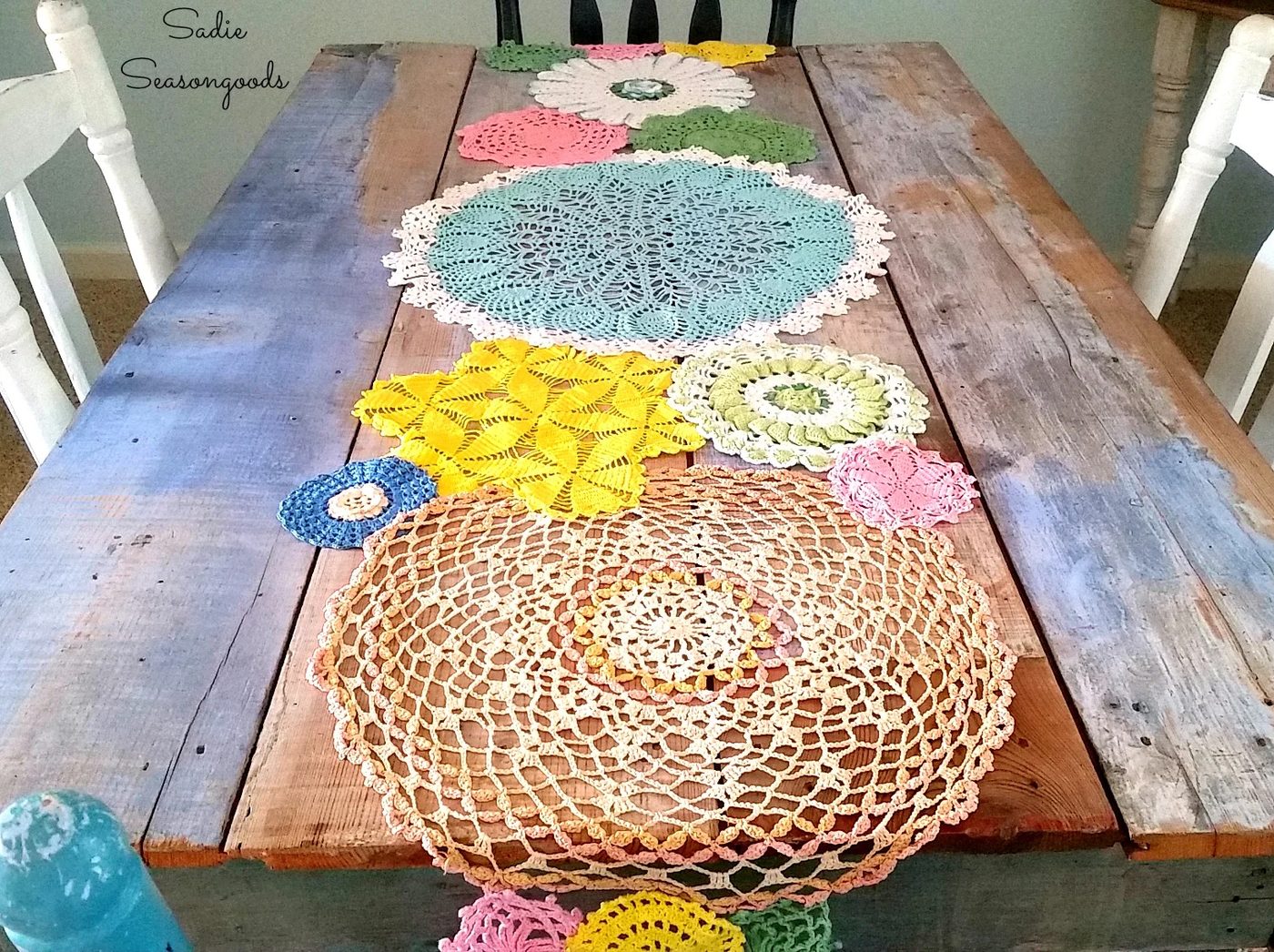 Vintage Crochet Doilies Dyed Spring Colors And Repurposed Into Handmade Table Runner By Sadie Seasongoods