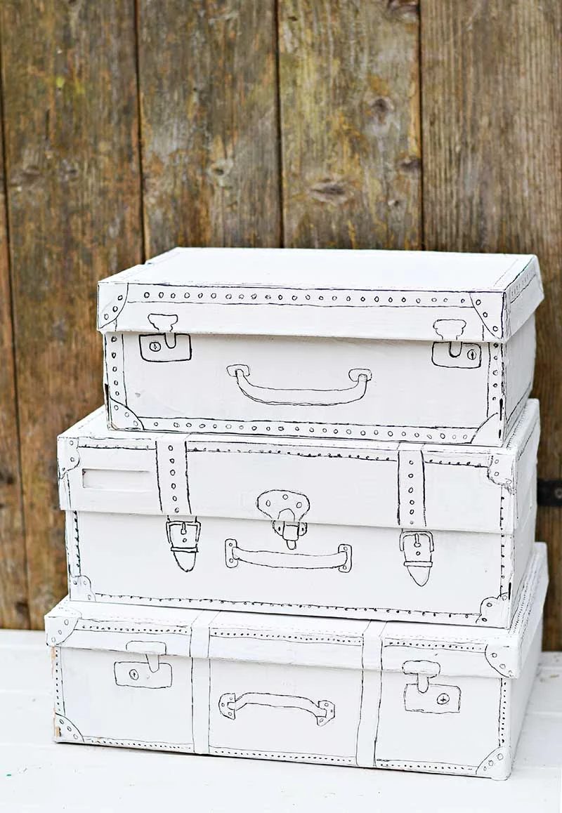 Upcycled Shoe Box To Sketched Vintage Suitcase, Pillar Box Blue