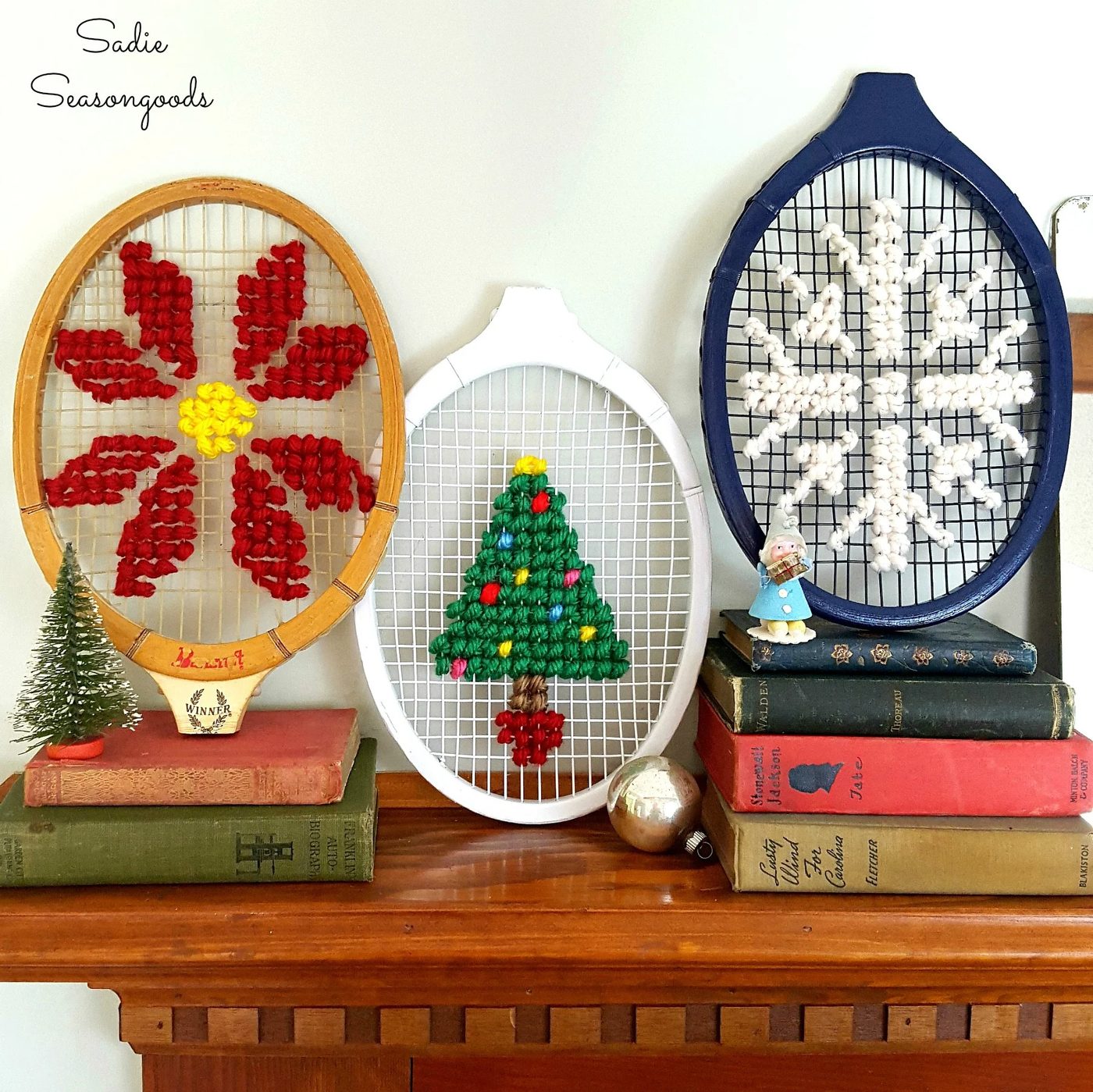 Oversized Christmas Cross Stitch On Vintage Wooden Tennis Racket Racquet By Sadie Seasongoods