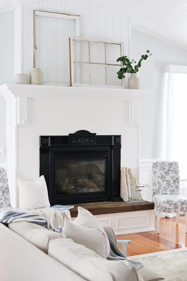 white rustic mantel with old windows Tidbits by Cami