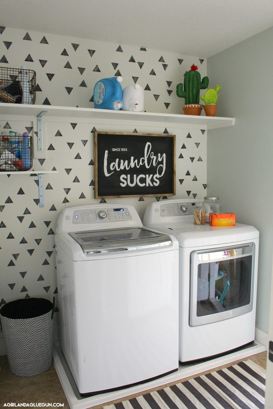 laundry-room-makeover-with-triangle-pattern-painted-wall-a-girl-and-a-glue-gun