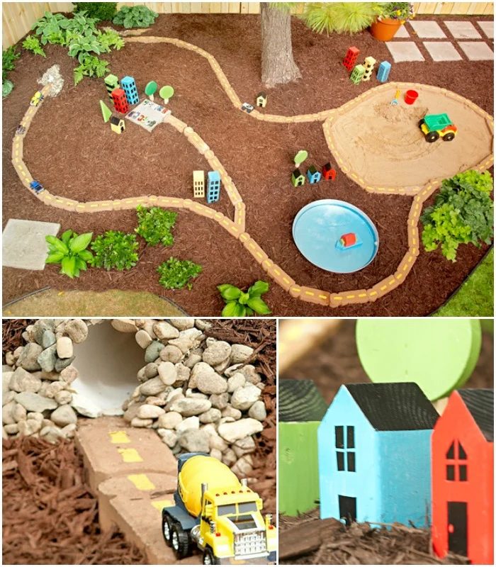 Use stone pavers, pvc pipe, and wood scraps to create an solid outdoor race track for cars, plus a sandbox for trucks!