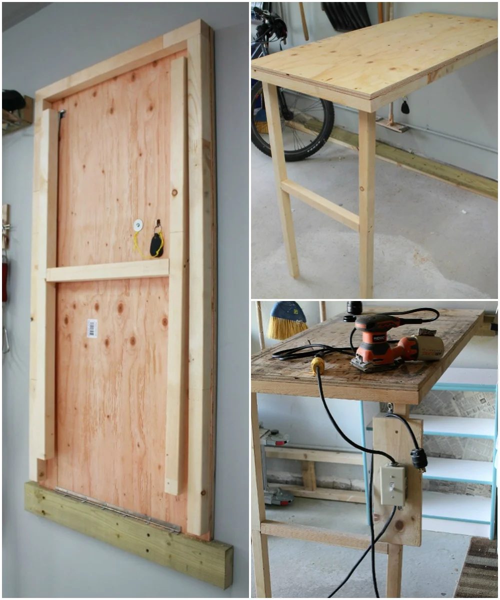 Handmade fold-up work table for the garage with power switch Turtles and Tails