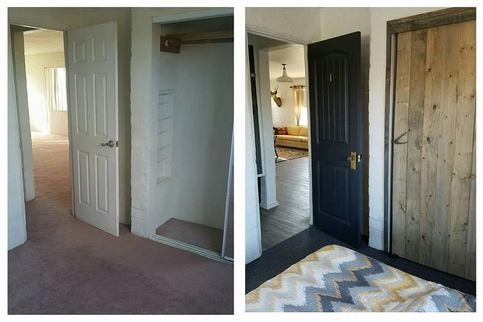 Bridget, Desert Homestead Renovation Bedroom Before And After With Wood Closet Doors