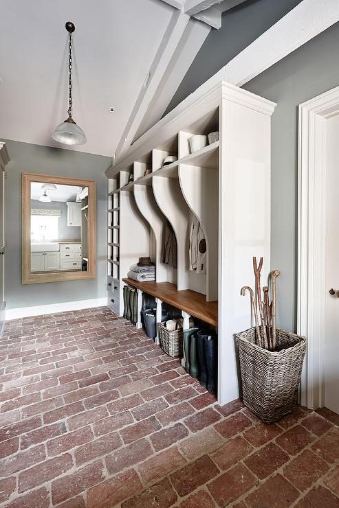 Long Rustic Mudroom With Vaulted Ceiling And Brick Floor, Sims Hilditch
