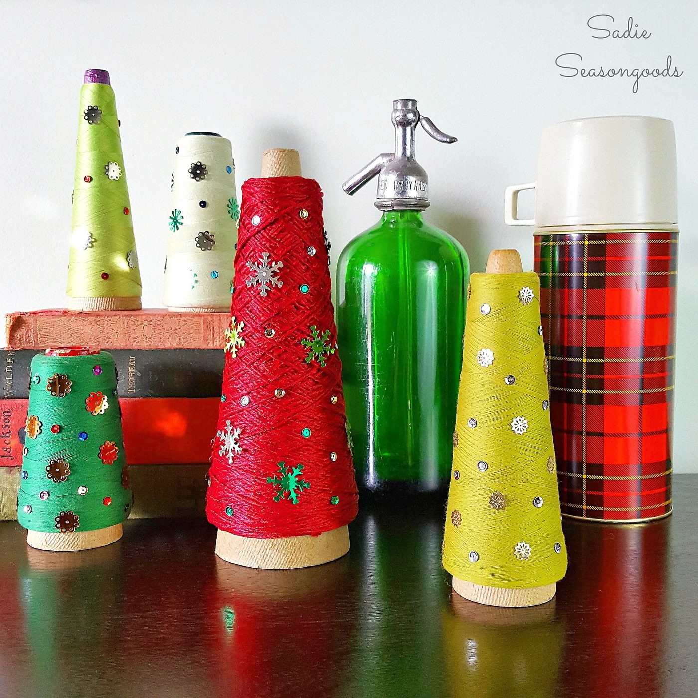 Vintage Serger Cone Thread Repurposed And Upcycled As Diy Christmas Trees With Vintage Sequins Holiday Decor By Sadie Seasongoods