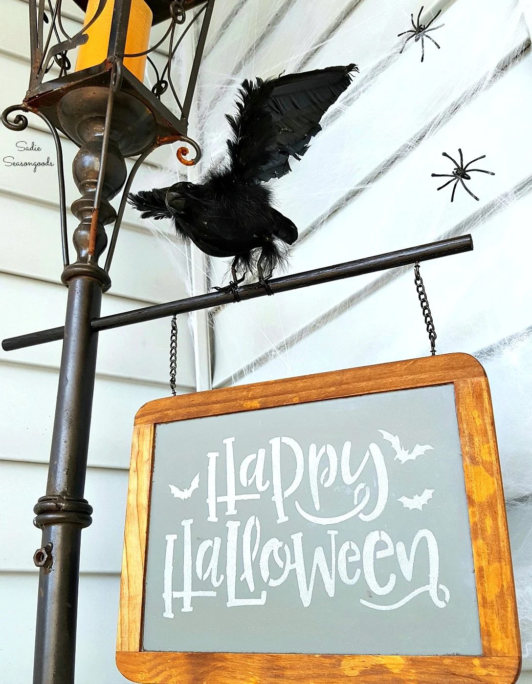 13 Lamp Post Style Lantern Candle Holder Repurposed As Vintage Happy Halloween Street Sign For Handmade Porch Decor By Sadie Seasongoods