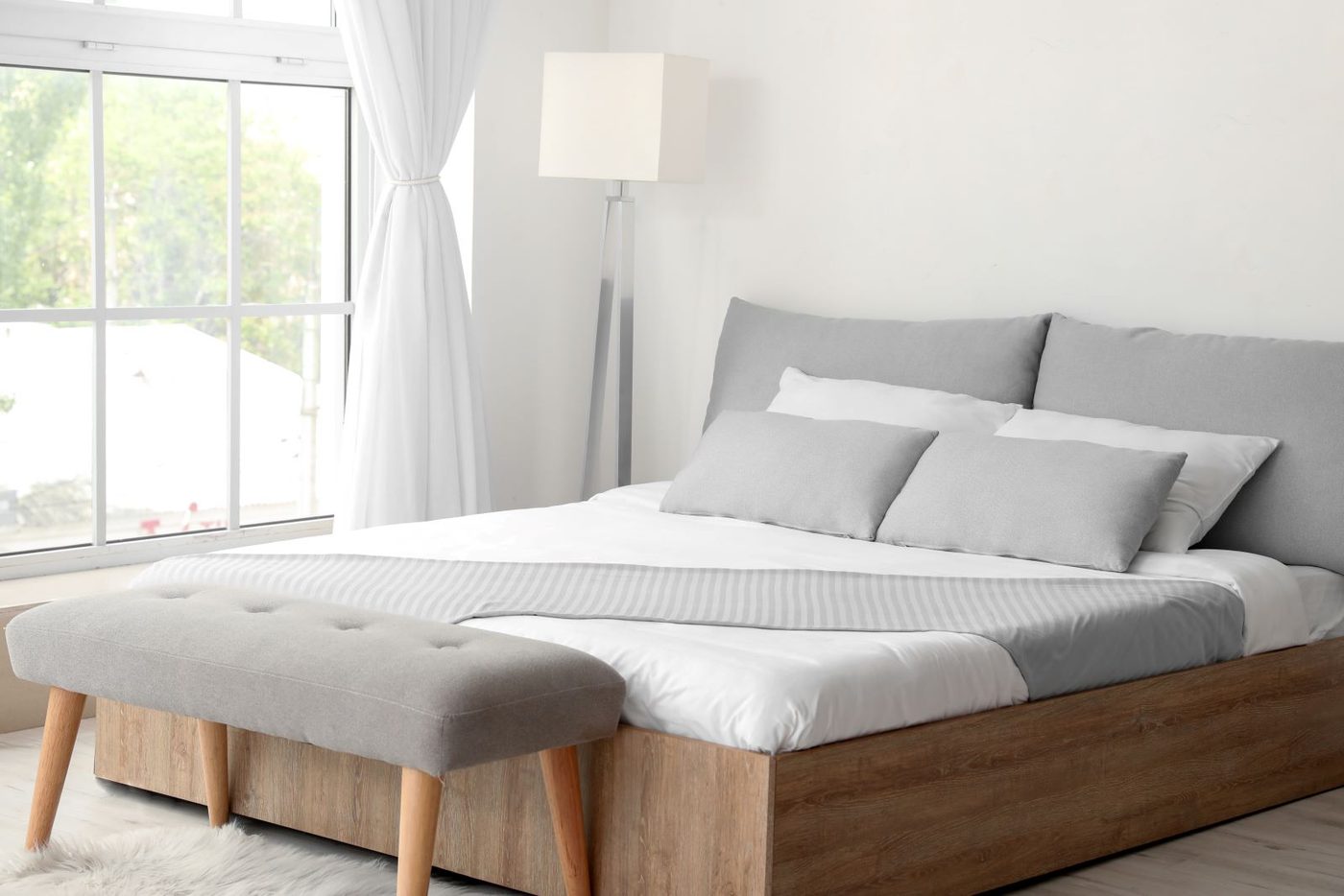 Clean Gray And White Bedroom Interior SS