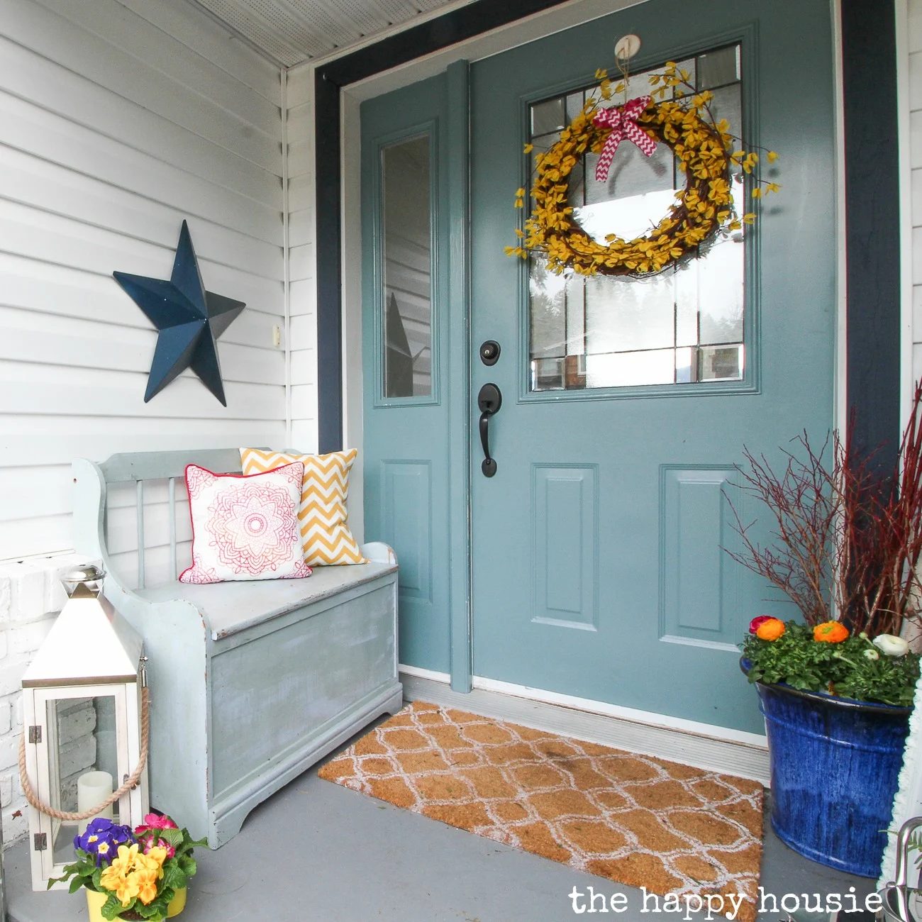 Spring Front Porch With Five Minute Dollar Store Forsythia Wreath And Spring Wreaths Finds Square
