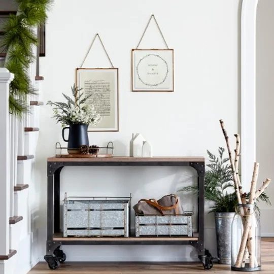 Entry With Long Table On Wheels, Florals, Metals Mized With Wood