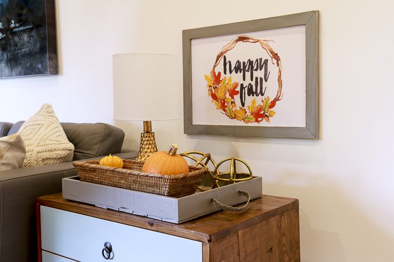Happy Fall Print Hanging On Wall With End Tabe And Gold And Pumpkin Fall Decor