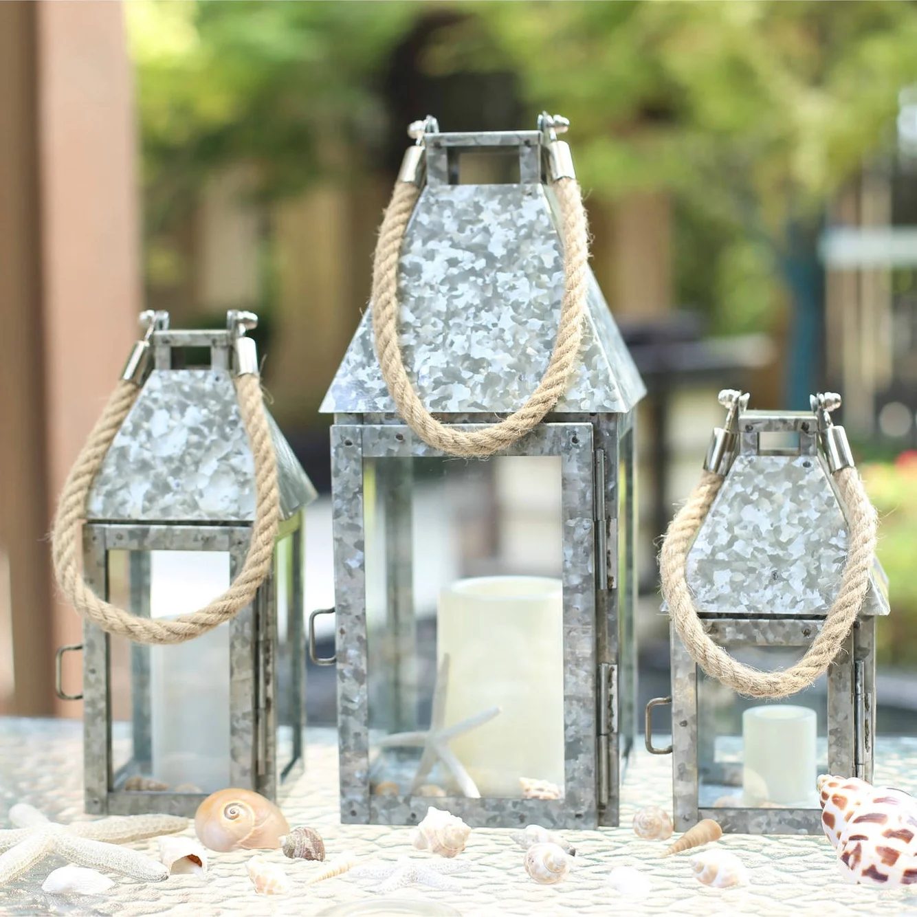 Galvanized Lantern Candle Holder With Rope, Silver