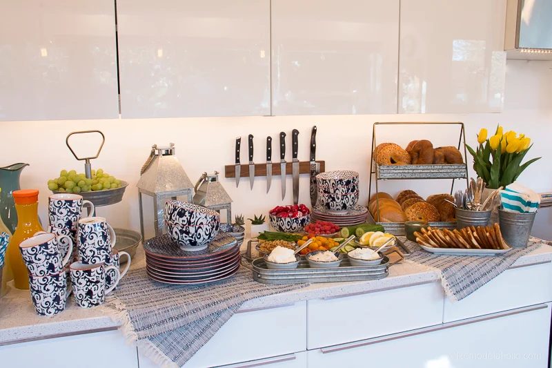 How to set up a fun, cute, and straightforward bagel buffet for a breakfast or brunch party. well fitted for Mother's Day, bridal showers, baby showers, or just a fun get-together 