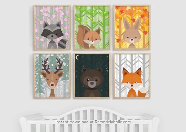 A set of 6 animal prints for a nursery.