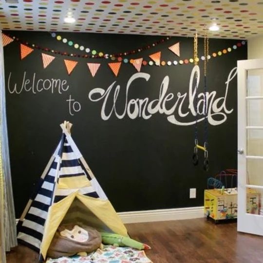 Chalkboard Wall With Small Striped Teepee And Colorful Poka Dot Ceiling