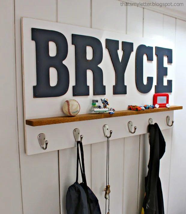 personalized wall shelf with hooks (That's My Letter)