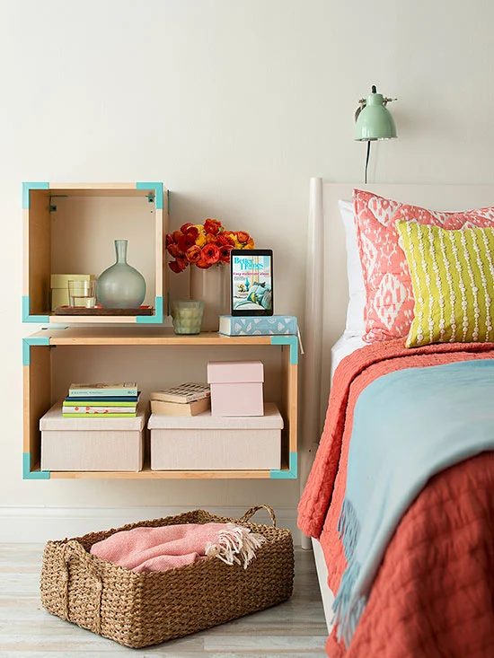 floating boxes as bedside tables (BHG)