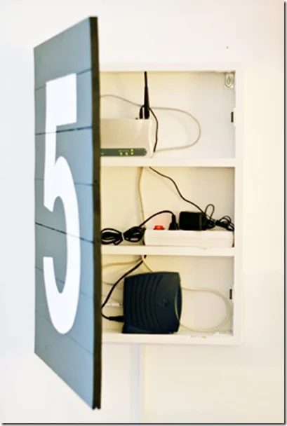 hinged wood sign to cover shelf with router and cords in it (mammamekko)