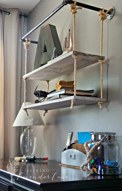 handmade pipe and hanging rope wood shelves (Seeking Lavender Lane)