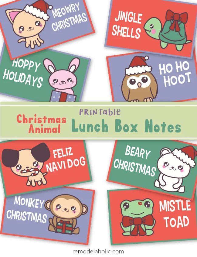Free Printable Christmas Animal Lunch Box Notes (or Gift Tags) | Holiday options for Kids | Lunchbox Notes | Punny Christmas Jokes