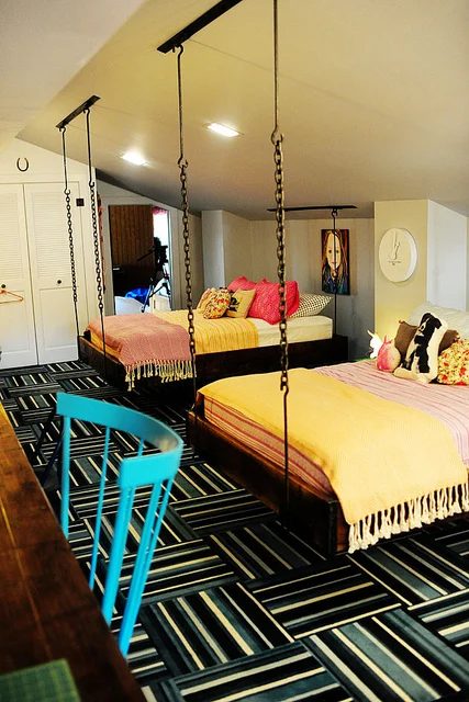 shared bedroom with hanging loft beds, Pioneer Woman - featured on Bekob.com