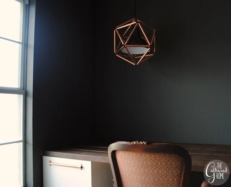 charcoal office with handmade copper pipe geometric pendant light, The Gathered Home on Bekob