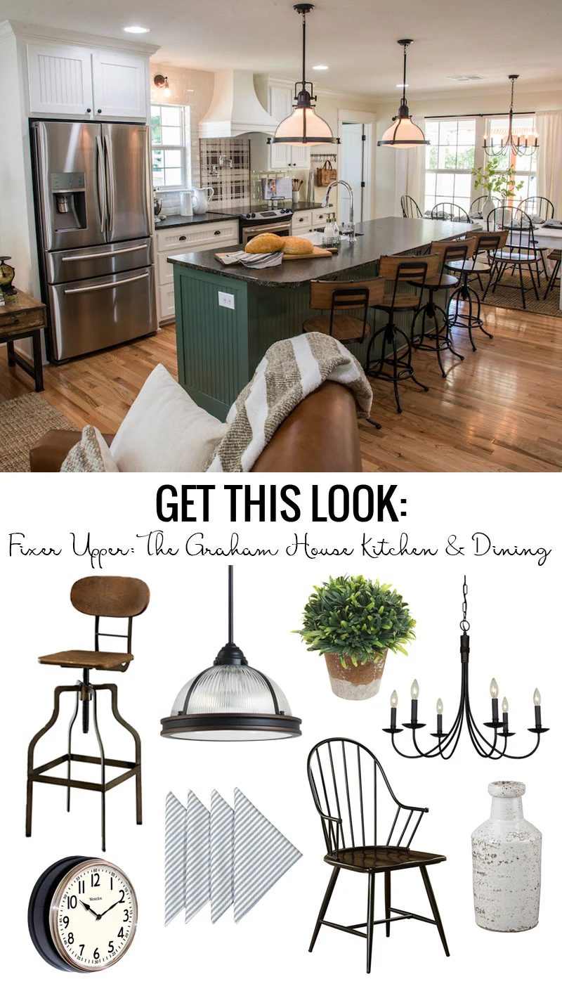 How to Get The Look of the Fixer Upper Graham House Kitchen And Dining. Loving the modern farmhouse vibe in this striking white kitchen with green island and black and wood accents