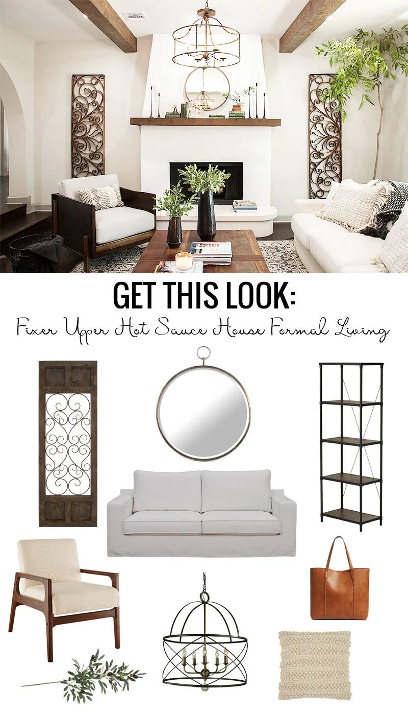Get the look of the Fixer Upper Hot Sauce House Formal Living Room. A striking neutral family room with lots of texture, linen, and boho pillows mixed with wood beams, white walls,