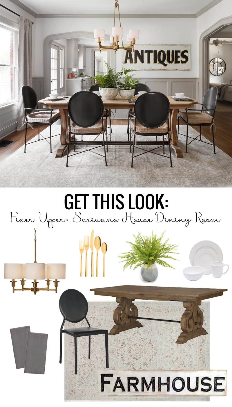 Fixer Upper Scrivano House Dining Room. Find nearly identical sources for the modern Tudor style dining room. featured on Bekob.com