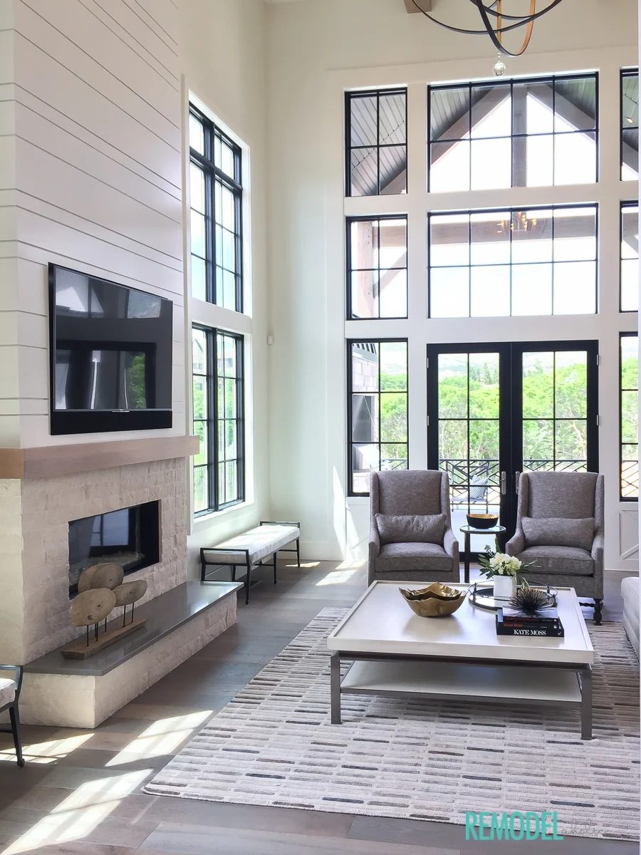 Living Room featuring blacks, grays and whites with pops of metallics.