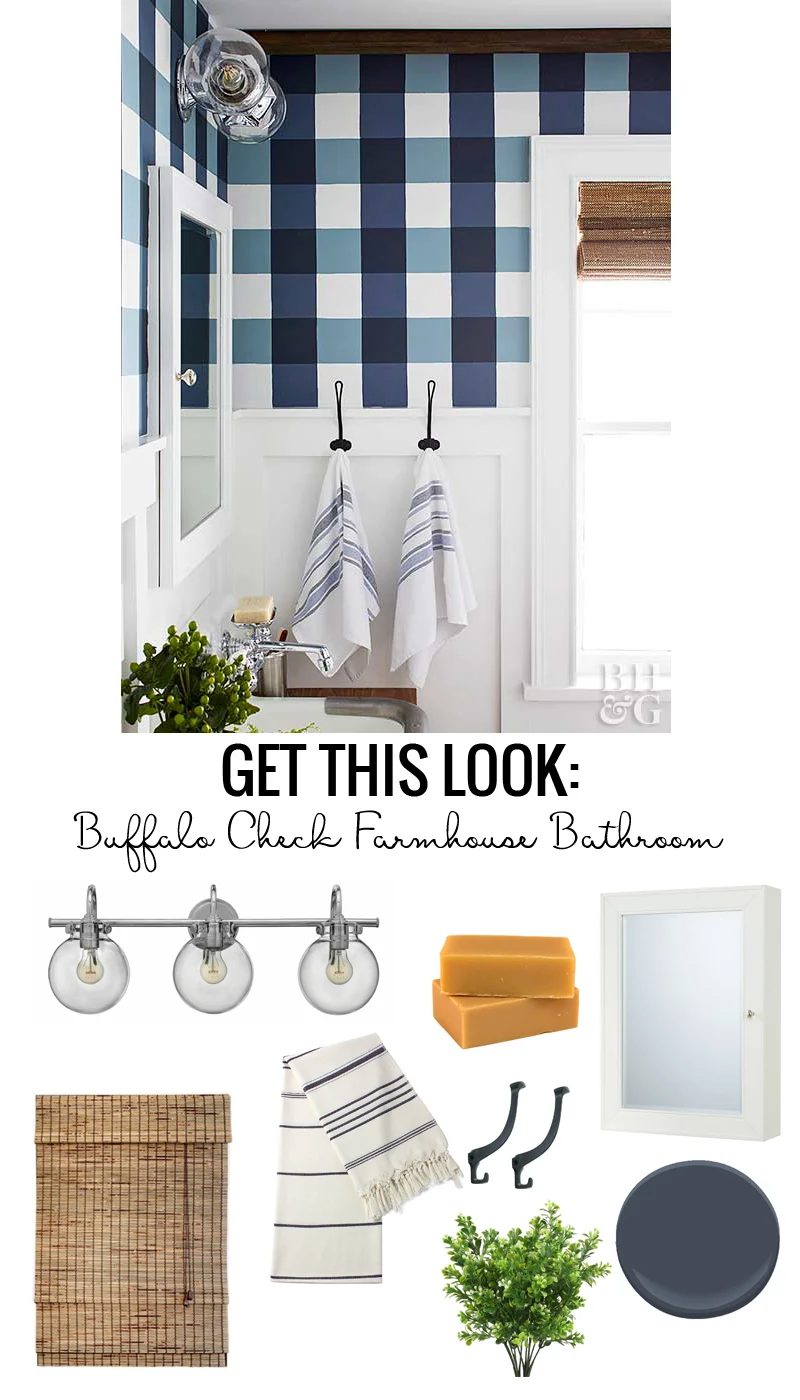 Buffalo Check Farmhouse Bathroom. Love the blue and white gingham walls, modern light fixture, striped towels, black iron hooks, medicine cabinet and wall-mount faucet.