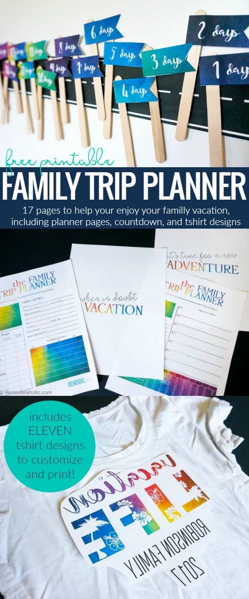 Make your family trip or family reunion even better with this FREE family vacation printable pack. Includes trip planners, a travel countdown, and 11 printable shirt designs to cus