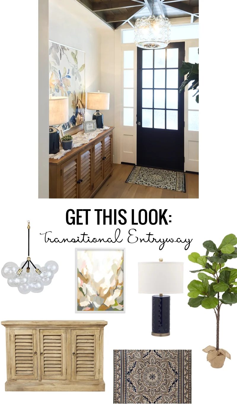 Learn how to get the look of this transitional entryway with black interior door, white trim work, wood ceiling details, bubble chandelier, navy blue lamps, wood shutter console ta
