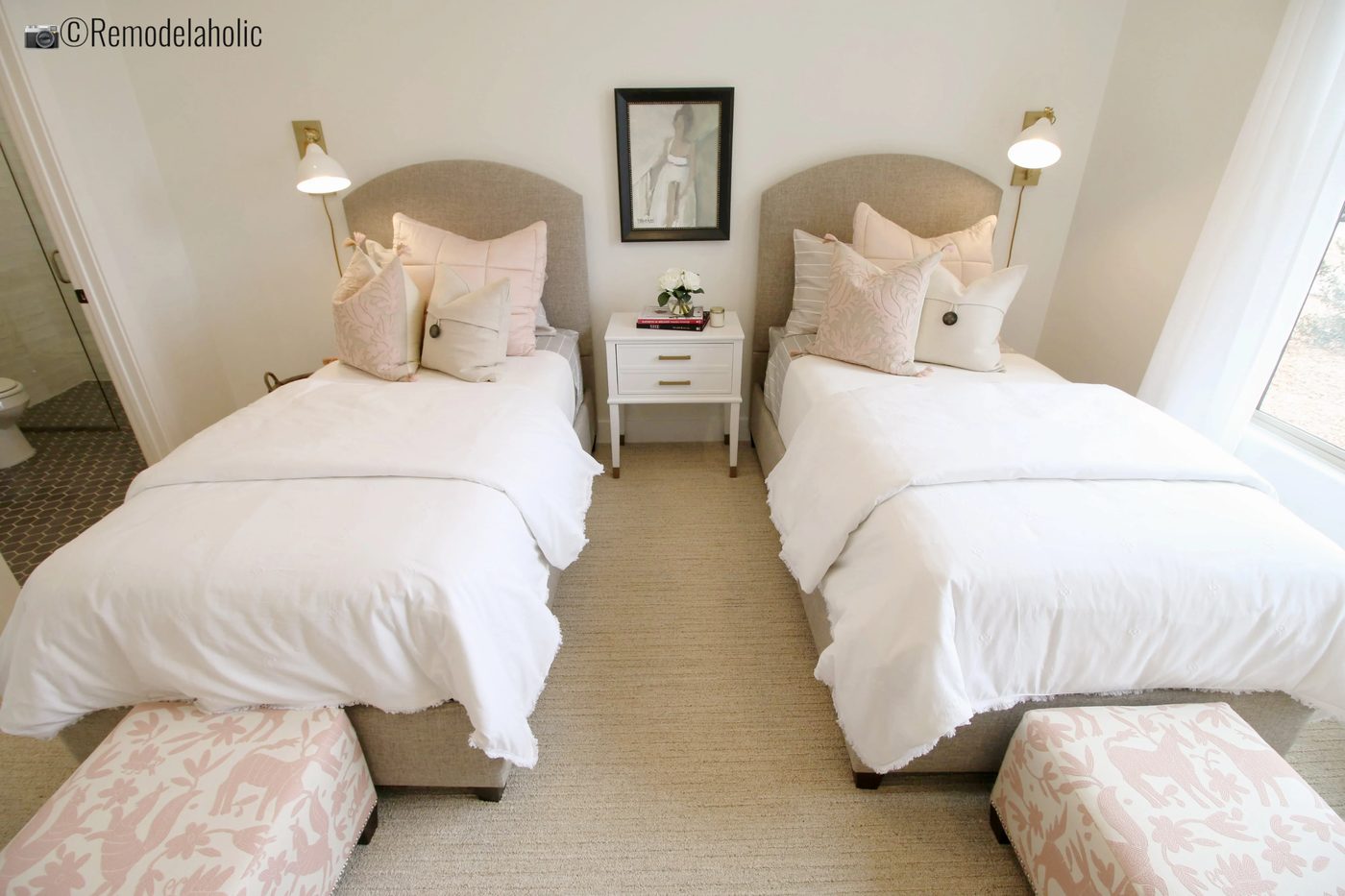 Pretty in pink little girls room with neutrals. SGPH 2019 House 07 Brio Homes LLC : Expression By Design (EBD Studio One) Angie Haymond & Peggy McIntyre6