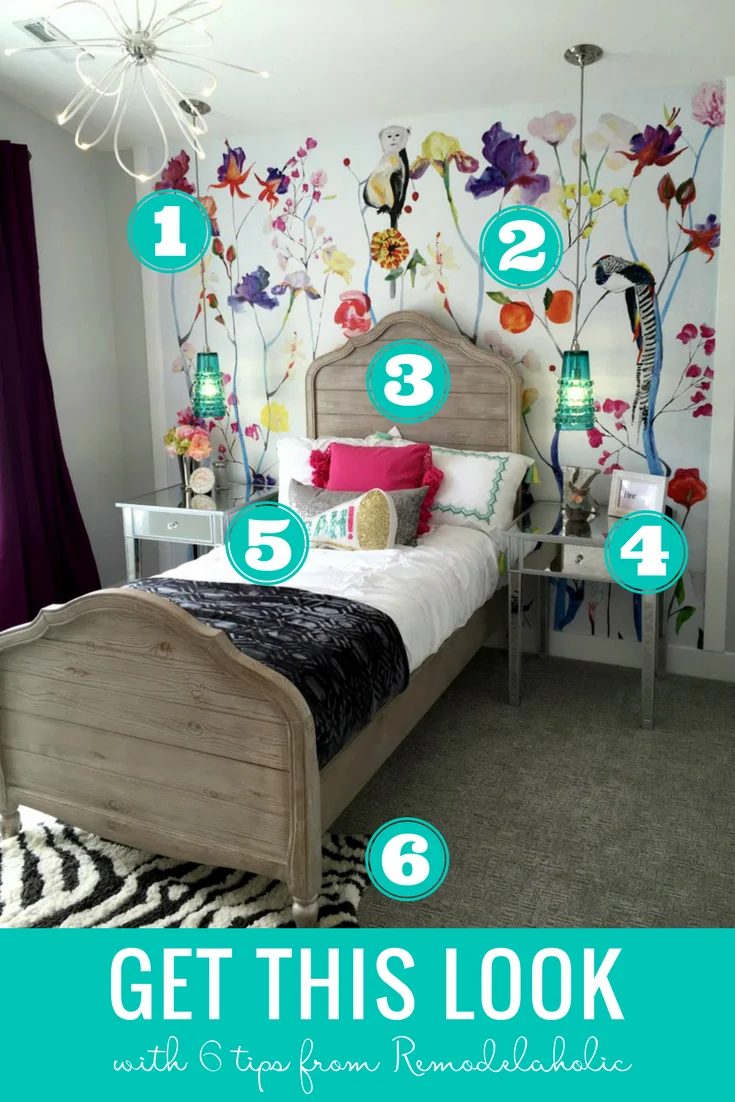 Give your daughter's bedroom a makeover with these tips and options for an eclectic and colorful teen girl bedroom! The colorful wallpaper and rustic wood bed are a fun combination