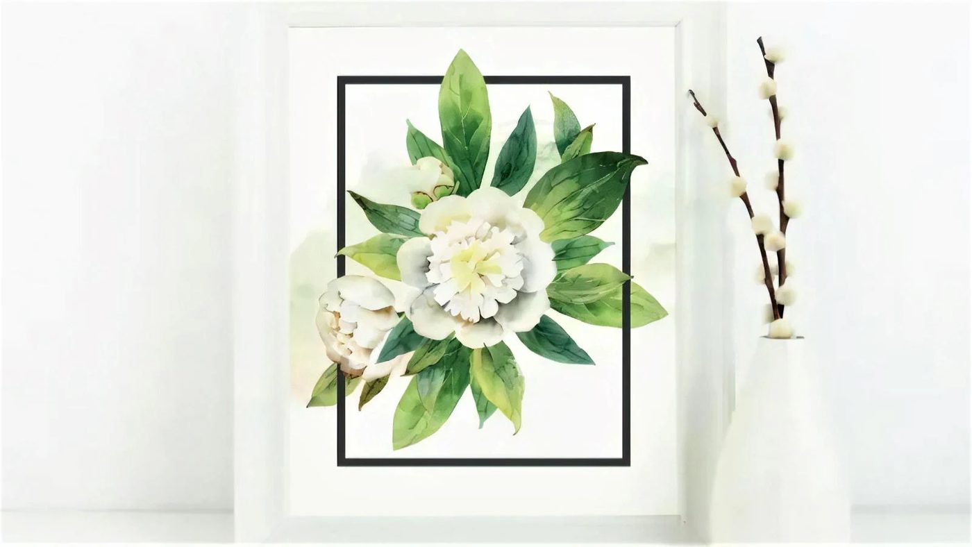 2 White Flower With Green Leaves Watercolor Floral Wall Art Printable AD Aesthetic For Bekob 042053