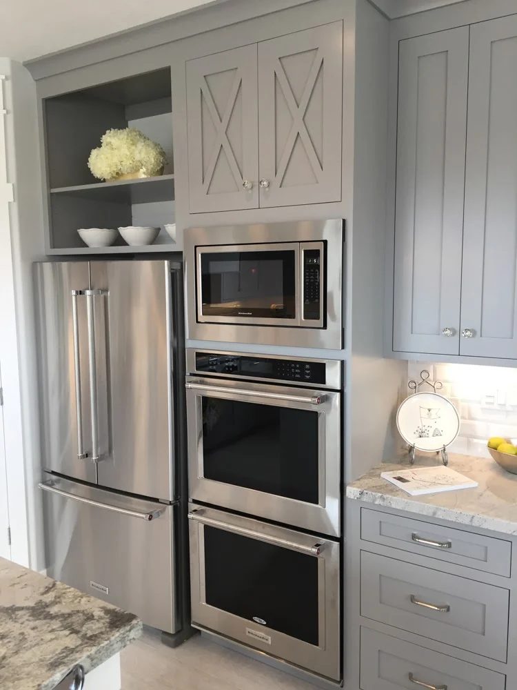 strong gray kitchen cabinets with french door refrigerator, farmhouse style accent cabinets, a built-in microwave, and a double in-wall oven #Bekob #getthislook