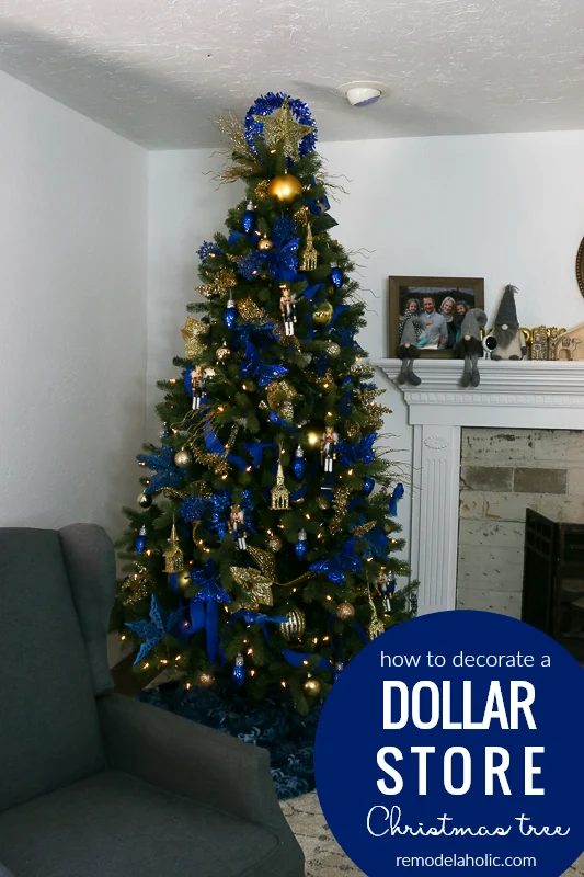 Save money by decorating your Christmas with an affordable Dollar Tree haul! This is our third dollar store Christmas tree, and this gold and blue tree decor also features some of 