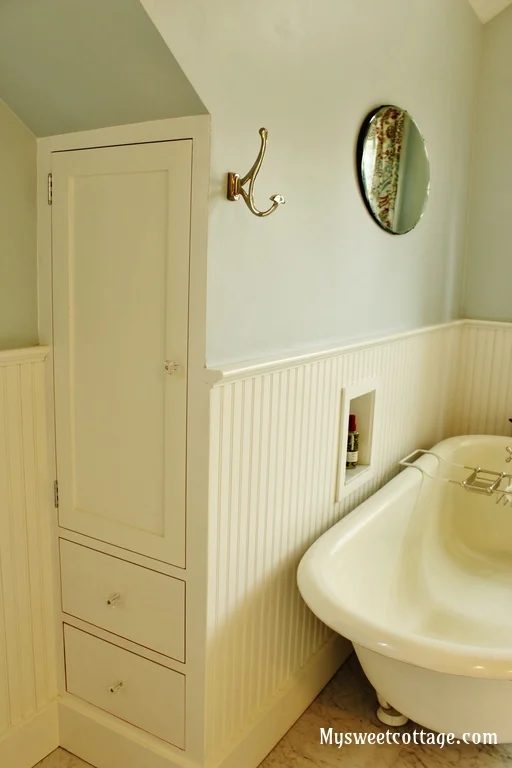 16 Custom built-in linen closet to maximize space in a dormer window bathroom, My Sweet Cottage featured on @Bekob