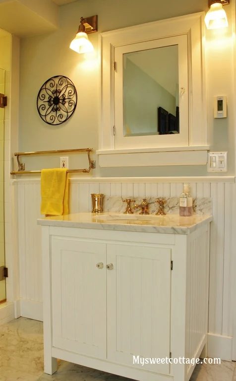 20 Pottery Barn carrera marble sink in remodeled bathroom of 1920s home, My Sweet Cottage featured on @Bekob