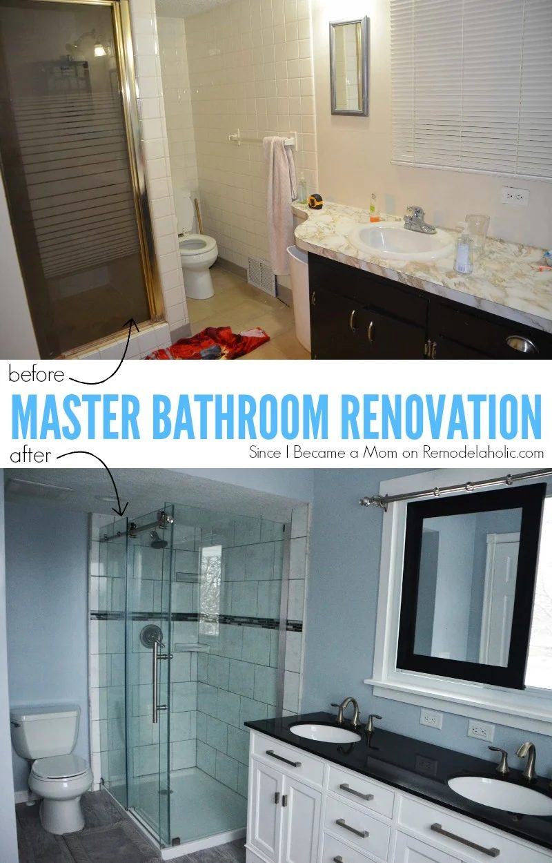 Master Bathroom Renovation in black and white with porcelain tile and a sliding mirror over the window @Bekob