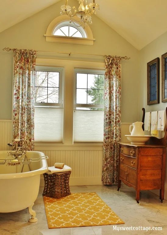 striking master bathroom in a classic 1920's cottage. They added a dormer to turn this closet turned tiny half bath into the real deal and it is vivid!